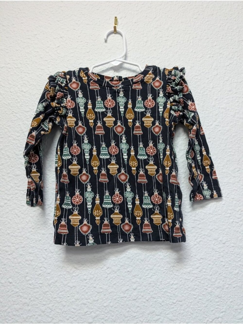 Kate Quinn Organic Cotton 2T Black Vintage Ornaments Ruffle Long Sleeve Tee